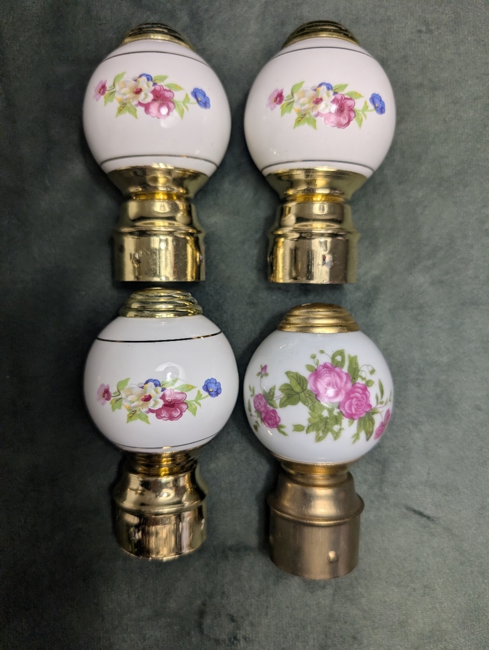 Floral Bed Post Handles Vintage Porcelain & Brass  Lot of 4 Pink Flowers